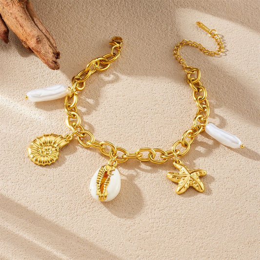 Fashion Gold Plated Starfish and Conch Shell Pendant Stainless Steel Bracelet for Women