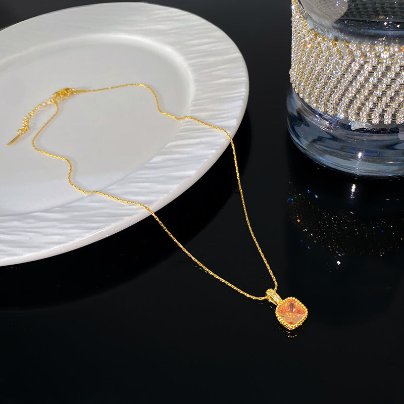 Sweet Sporty Square Geometric Cubic Zirconia Plated Titanium Steel Necklace with Brass Pendant Cable Chain
