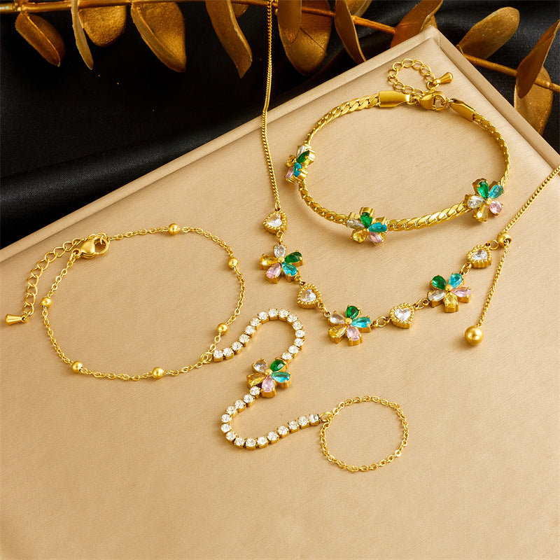 Conjunto de collar y pulsera con colgante de corazón y flor de diamantes de imitación florales vintage en cadena tipo caja chapada en acero inoxidable