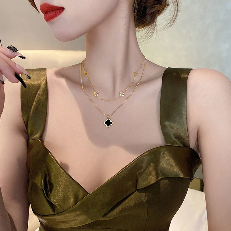 Minimalist Clover Pendant Necklace for Women in Titanium Steel with Gold Plating on O-Chain Adjustable Layered Locket Style