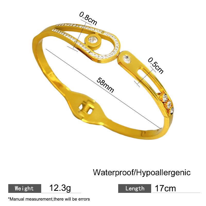 Four-Leaf Clover Hollow Roman Numeral Open Cuff Titanium Steel Bracelet