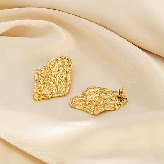 Irregular Geometric Diamond-Shaped Stainless Steel Earrings with 18K Gold Vacuum Plating and Wavy Texture for Women