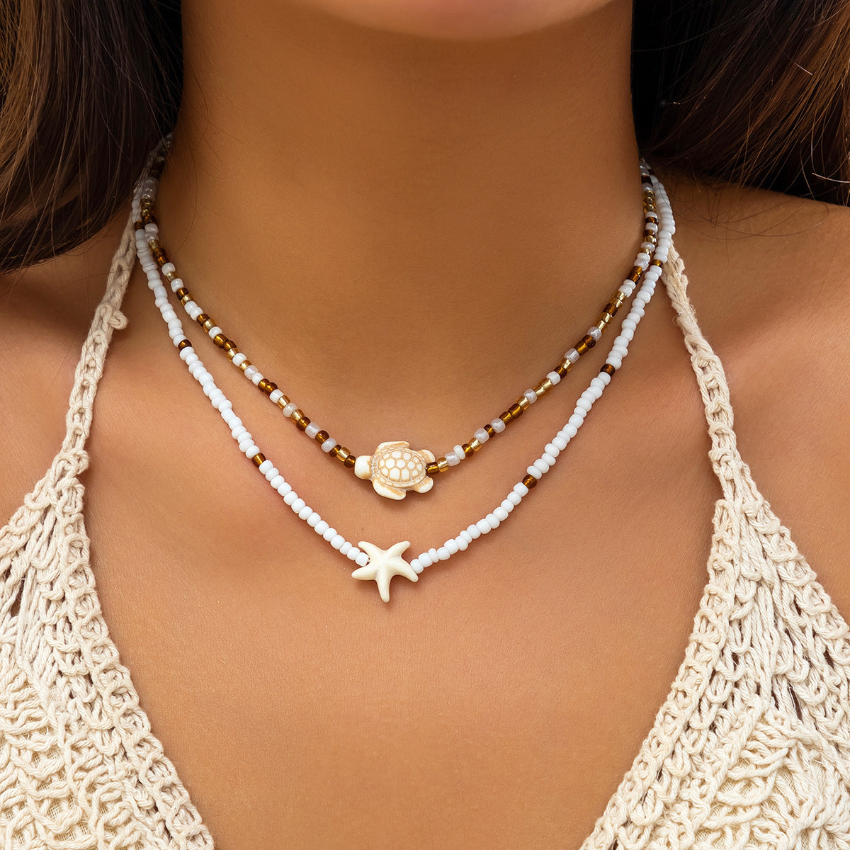 Casual Starfish & Shell Resin Alloy Pendant Ball Chain Necklace for Women
