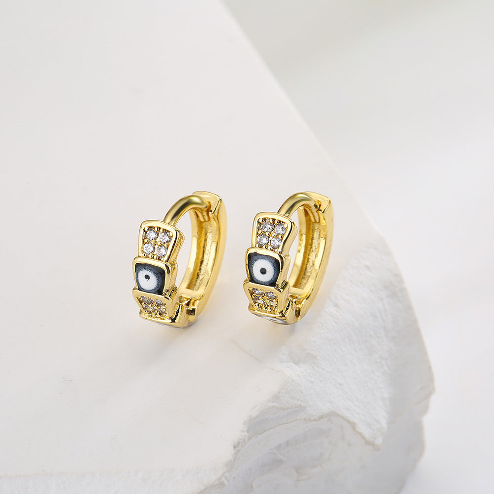 Minimalist Geometric Copper Earrings with Real Gold Plating and Enamel Eye Detail