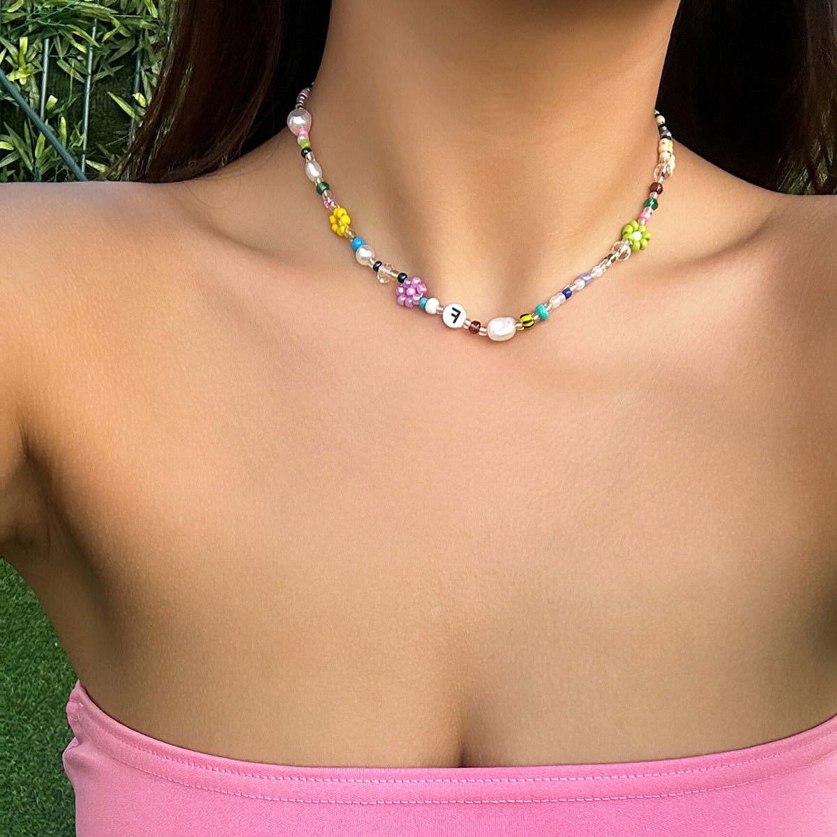 Sweet Floral Resin Beaded Ball Chain Choker Necklace for Women