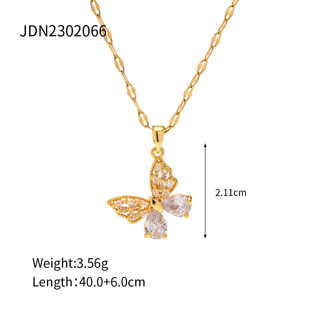18K Gold Plated Stainless Steel Butterfly Pendant Necklace with White Zircon Geometric Design for Women