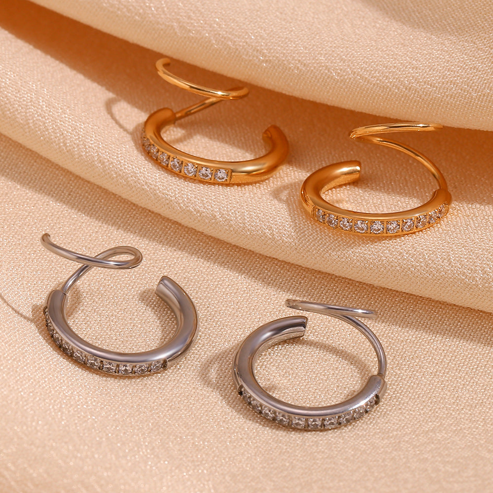 Orecchini a clip geometrici in acciaio inossidabile alla moda con placcatura in oro 18 carati e strass incastonati CNC per donna
