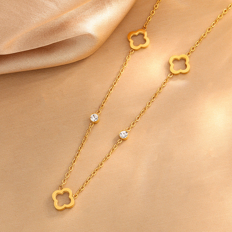 Parure di gioielli da donna elegante a trifoglio traforato, in acciaio inossidabile placcato con zirconia cubica