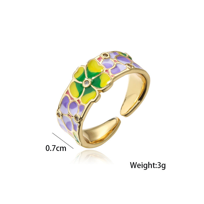 Sweet Geometric Floral Drip Oil Gold Plated Brass Ring for Women