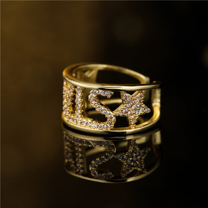 Sweet 18K Gold Plated Geometric Star Brass Ring with Micro-Inlay