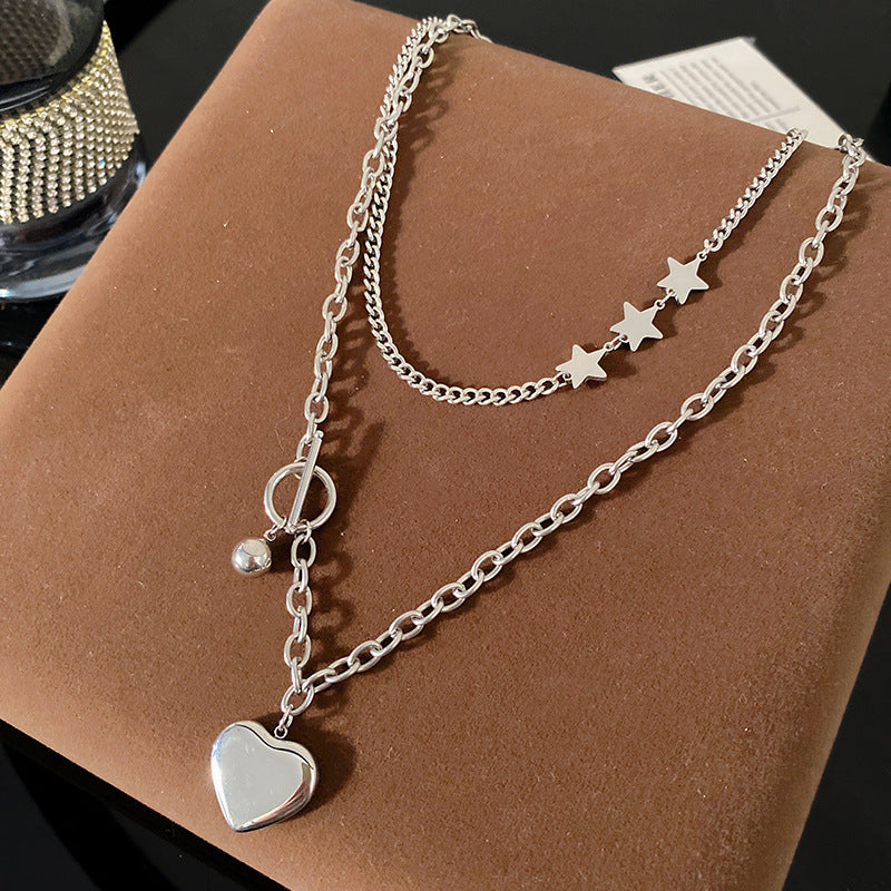 Sweet Streetwear Heart Star Geometric Titanium Steel Plated Double Layer Necklace for Unisex