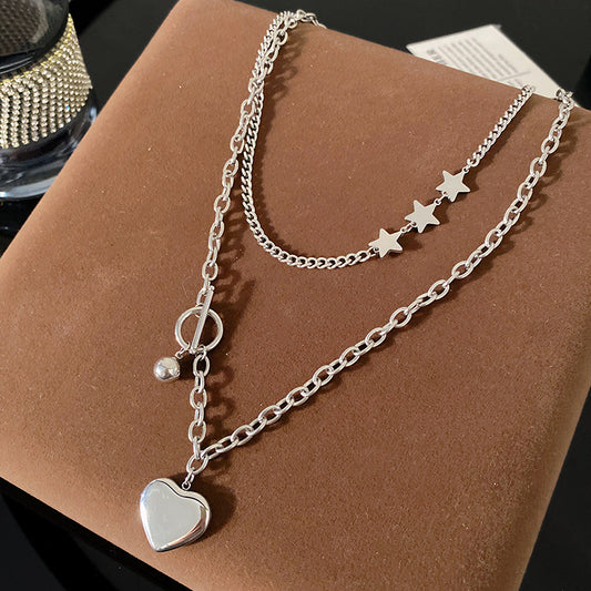 Sweet Streetwear Heart Star Geometric Titanium Steel Plated Double Layer Necklace for Unisex