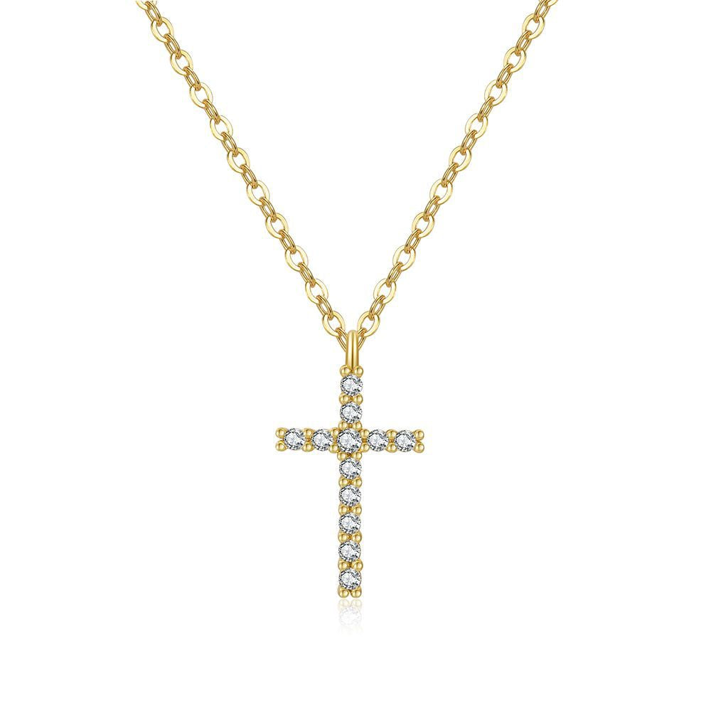 Classic Cross Pendant Necklace for Women in Copper with Zircon Inlay and Gold Plating on O-Chain