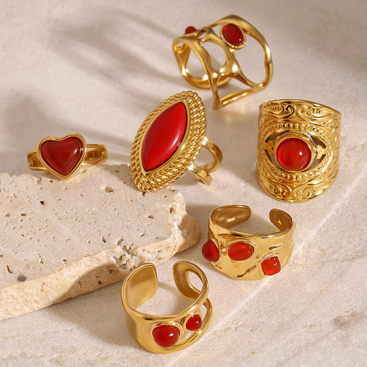 Anillo de Acero Inoxidable Geométrico con Incrustación de Ágata Roja para Mujer, Accesorio de Moda con Banda Abierta Ajustable y Chapado Electrolítico