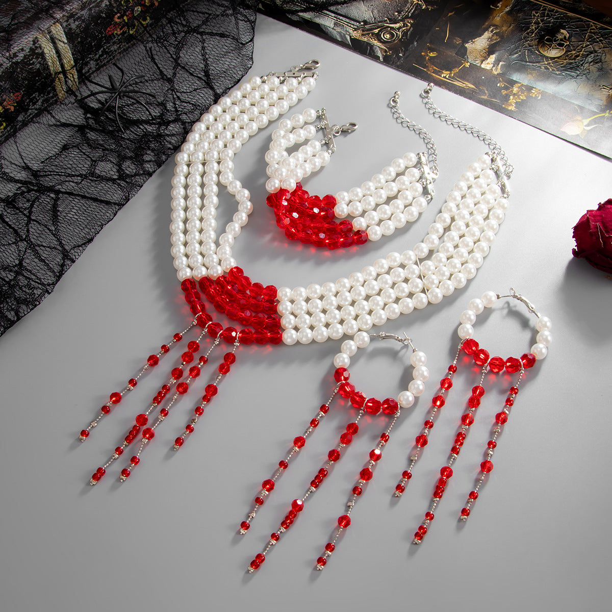 Sweet Gothic Geometric Crystal Faux Pearl Teardrop Tassel Necklace for Women