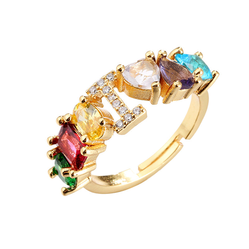 Hand-Set Cubic Zirconia Letter Open Ring Gold Plated Brass Adjustable Women
