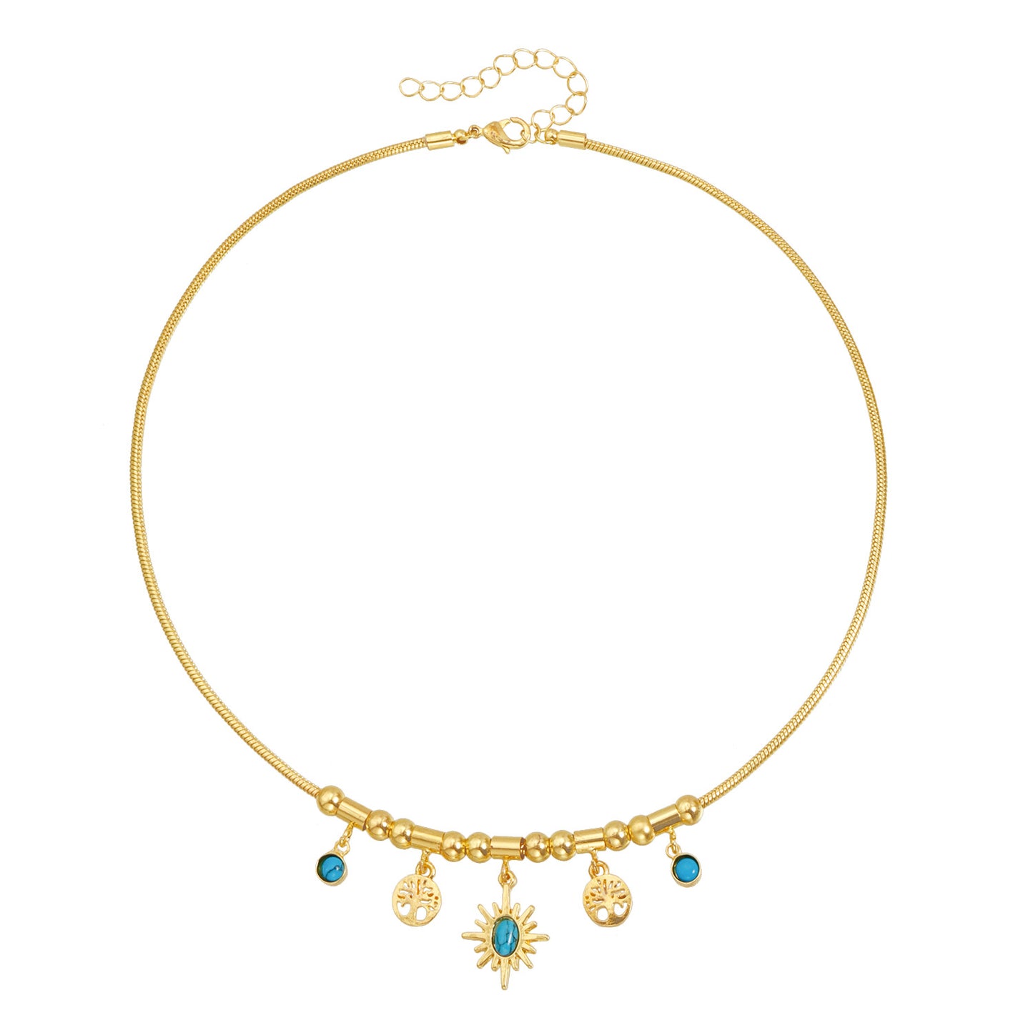 Bohemian Vintage Geometric Star Hollow Tree of Life Turquoise Inlay Alloy Necklace for Women
