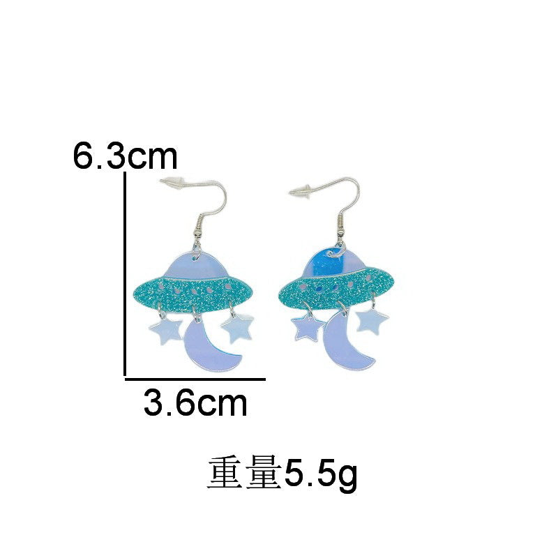 Pendientes de platillo volador alienígena OVNI con luna, estrella, vaca, gato y arco iris de acrílico extragrande para mujer con detalle cortado a láser