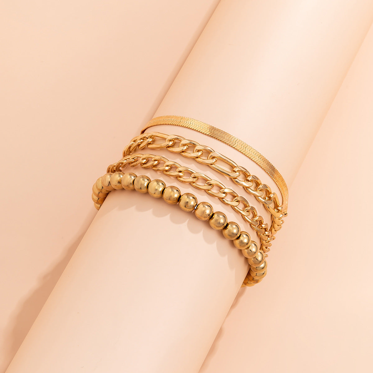 Sweet-Edgy Geometric Hollow-Out Snake Chain Bracelet Set for Women in Metal with Rhinestone Inlay
