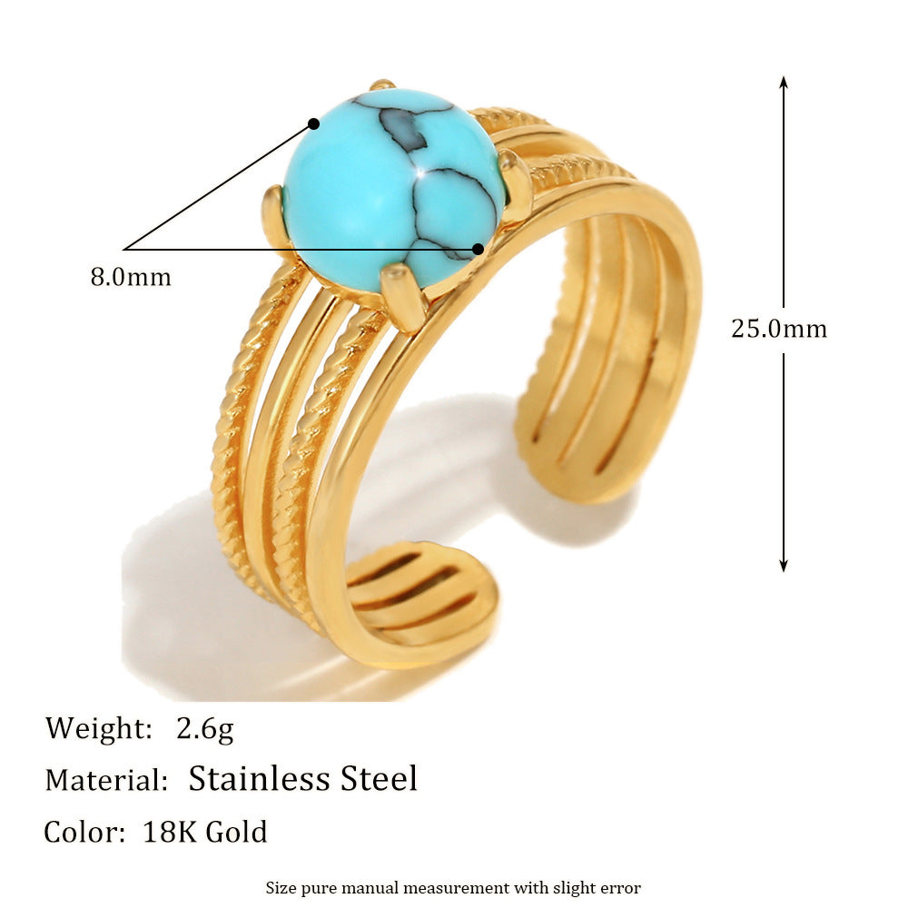 Fashionable Vintage French Style Geometric Stainless Steel Plated 18K Gold Half-Round Turquoise Ring for Women