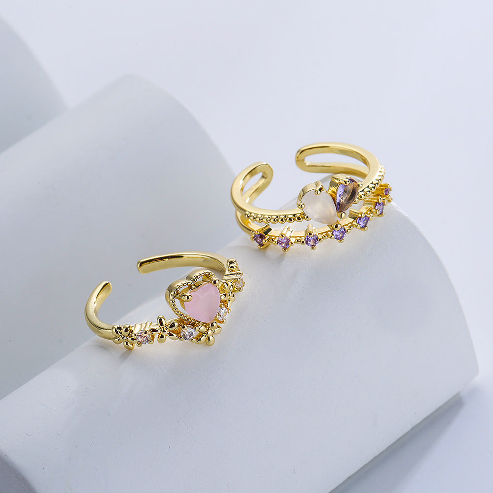 European Style Geometric Heart Open Ring Copper Micro-Paved with Zircon 18K Gold Plated for Women