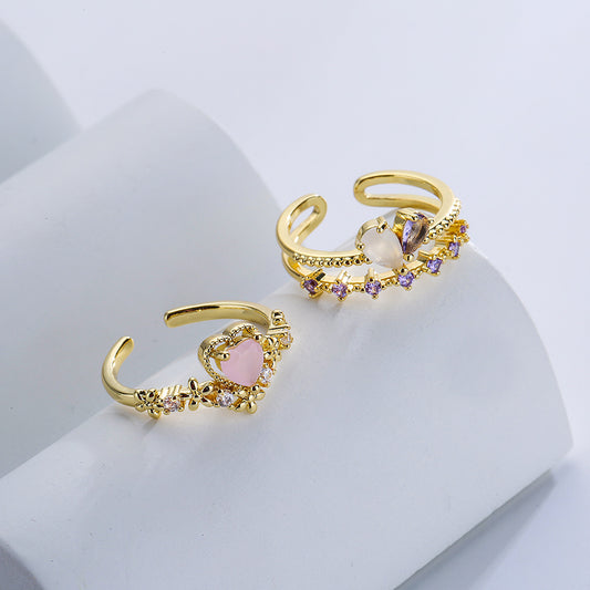 European Style Geometric Heart Open Ring Copper Micro-Paved with Zircon 18K Gold Plated for Women