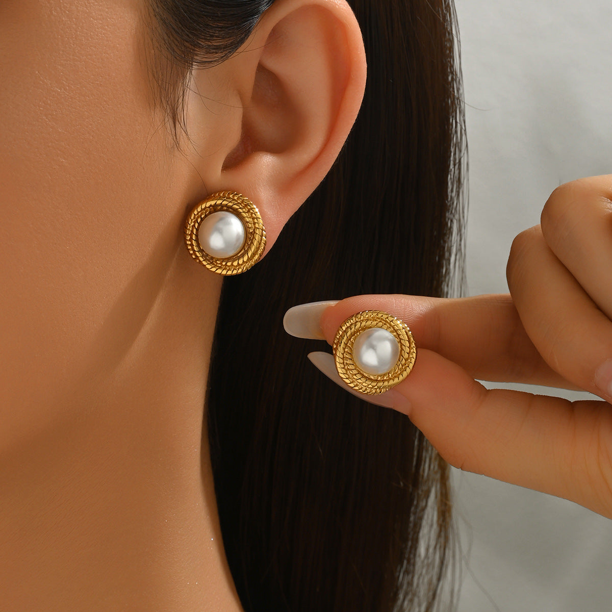 Orecchini a Cerchio Geometrici Minimalisti in Metallo con Intarsio di Perle, da Donna, Gioielli alla Moda per Tutti i Giorni