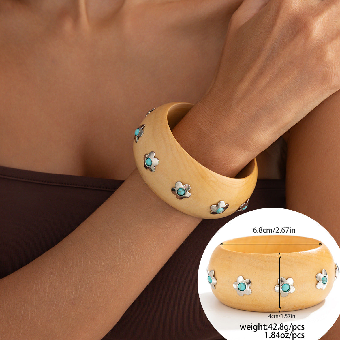 Vintage Ethnic Round Wood Cuff Bracelet Handmade