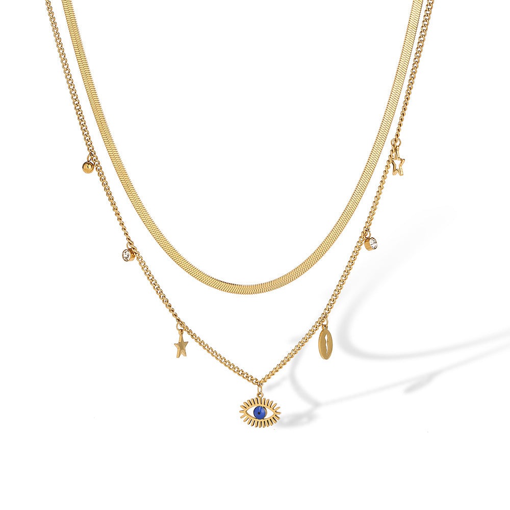 Collana Minimalista da Donna a Doppio Strato con Ciondolo Occhio di Allah, Catena in Acciaio al Titanio e Ciondolo a Farfalla