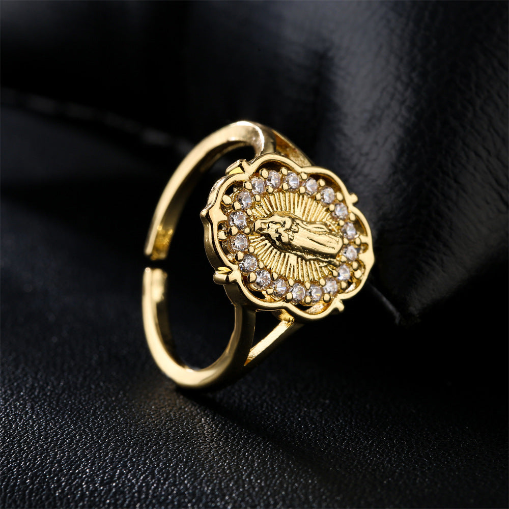 Geometric Style Copper Ring with Gold Plating and Zircon Inlay for Women Religious Jewelry