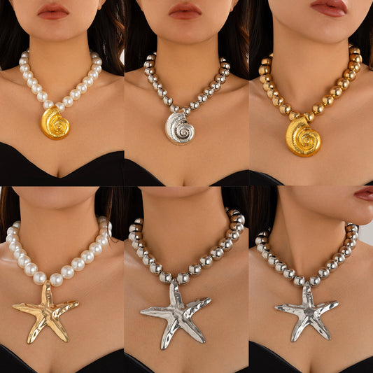Exaggerated Alloy Star and Shell Pendant Necklace with Imitation Pearl Ball Chain for Women