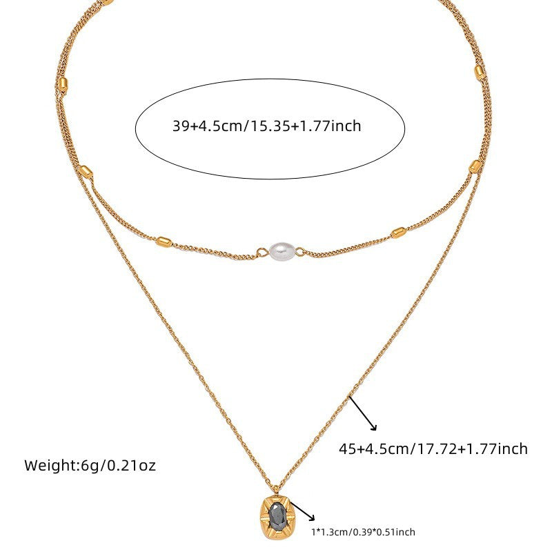 Vintage Elegant Oval Geometric Pearl Gemstone Inlay Stainless Steel Double Layer Necklace