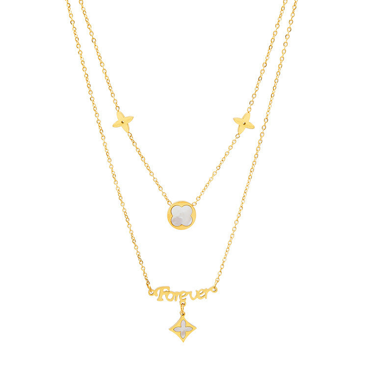 Original Design Clover-Shaped Pendant Necklace in Titanium Steel with Gold Plating on Clavicle Chain