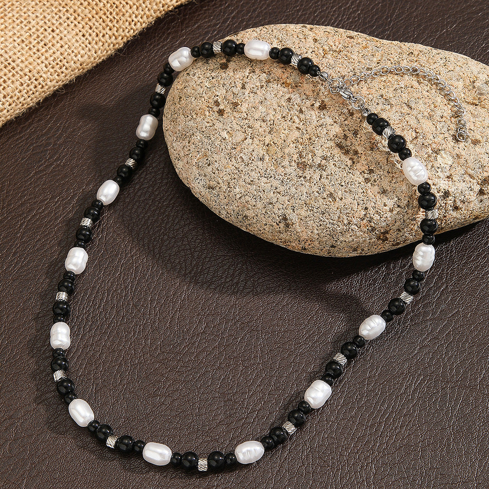 Unique Geometric Imitation Pearl Plated Ball Chain Necklace with Rhinestone Inlay for Unisex