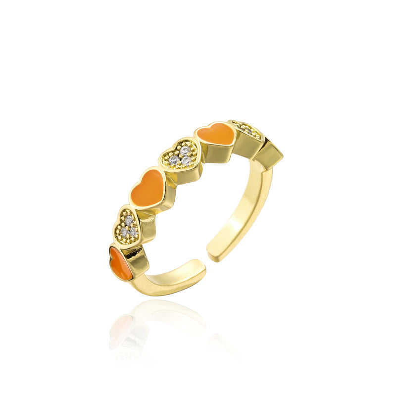 Drip Oil Heart Shaped Brass Ring with Micro-Inlaid Cubic Zirconia for Women