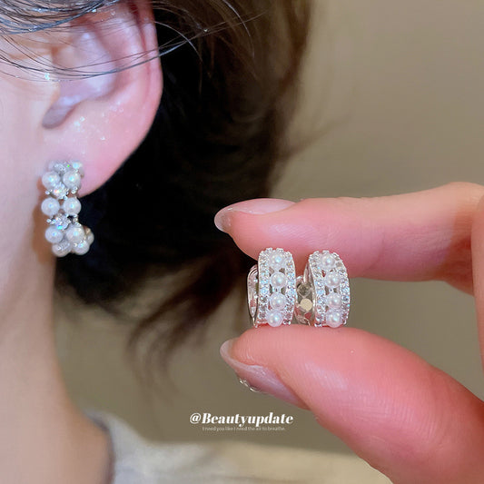Elegant French Retro Double-Layer C-Shaped Pearl Stud Earrings with Zircon Inlay for Women