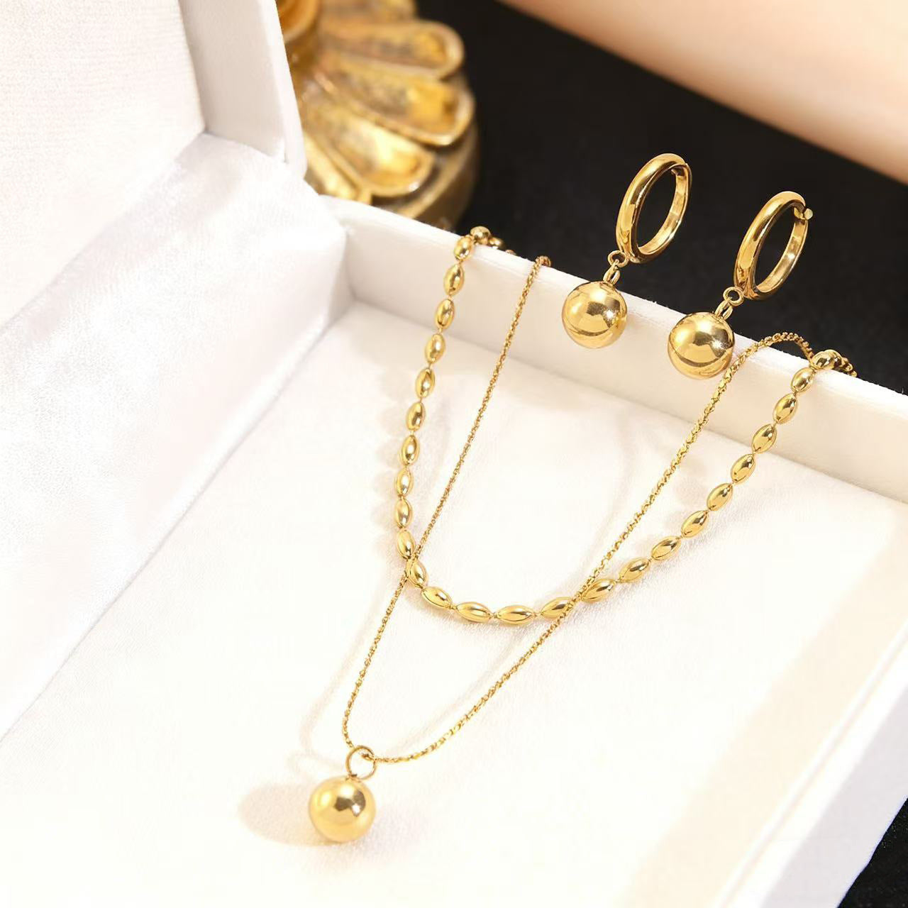 Minimalist Geometric 18K Gold Plated Stainless Steel Double Layer Ball Chain Necklace and Earring Set for Women