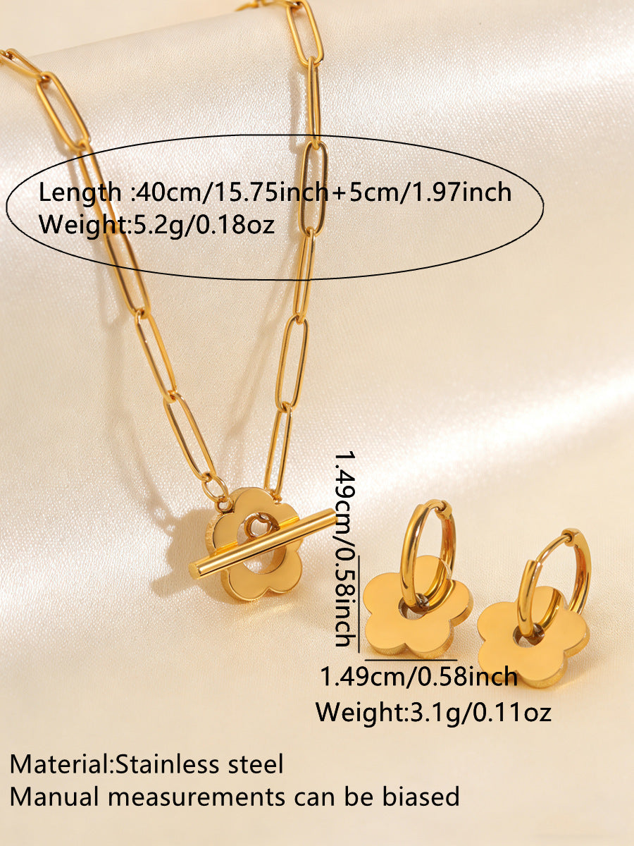 Minimalist Stainless Steel Plated Flower Pendant Necklace and Earring Set with Cable Chain for Women