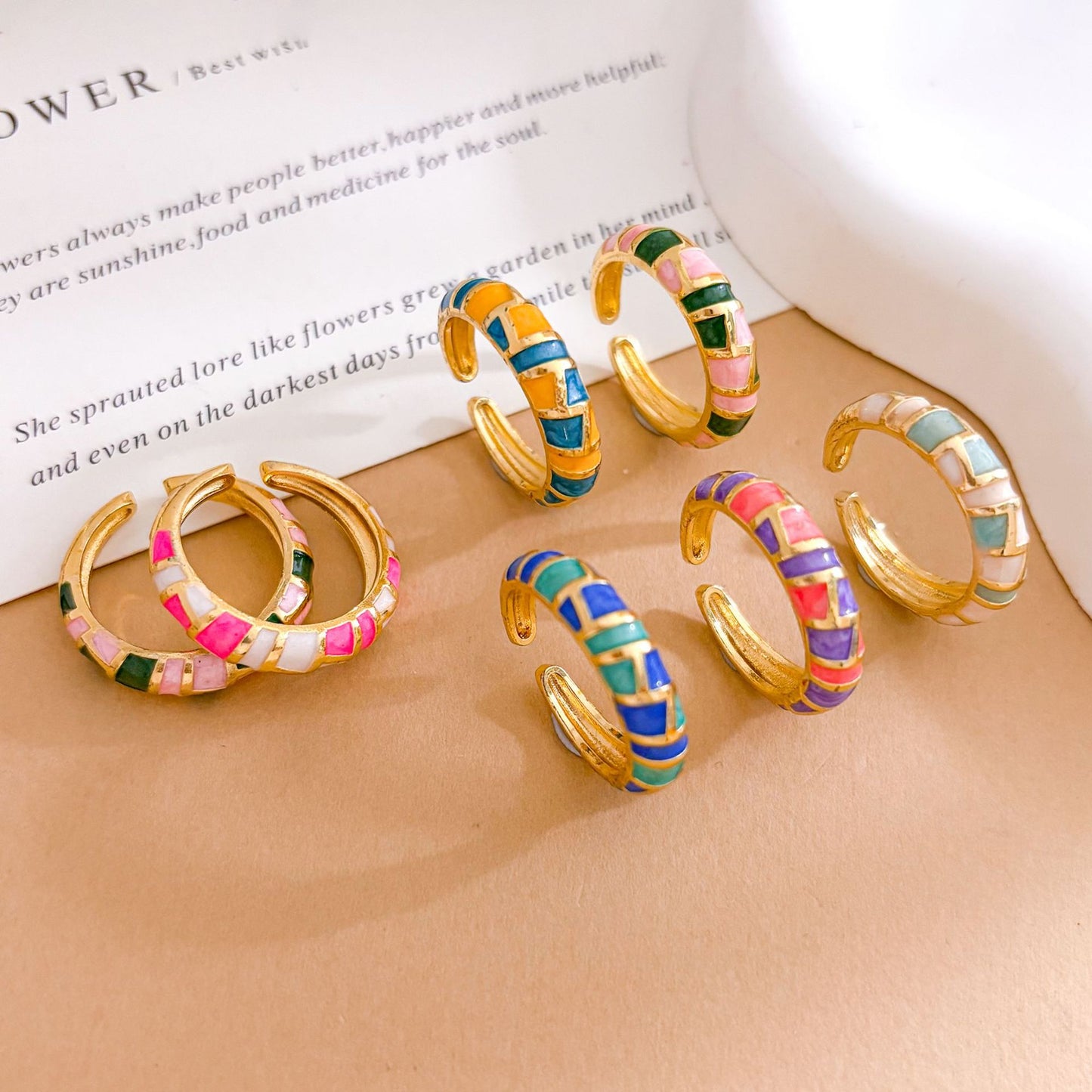 Minimalist Geometric Enamel Gold Plated Brass Ring with Polka Dot Pattern Adjustable Open Design for Women