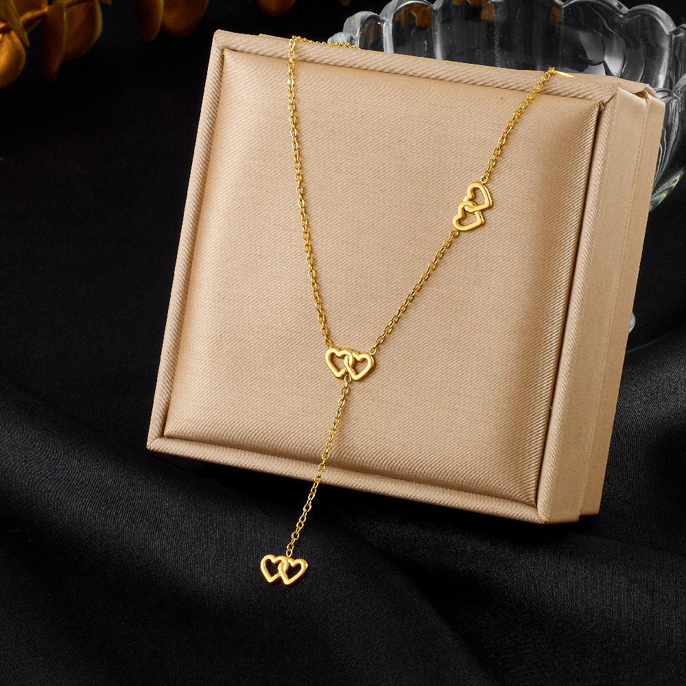 Minimalist Elegant Stainless Steel Plated Heart Round Rhinestone Y-Shape Long Tassel Necklace for Women