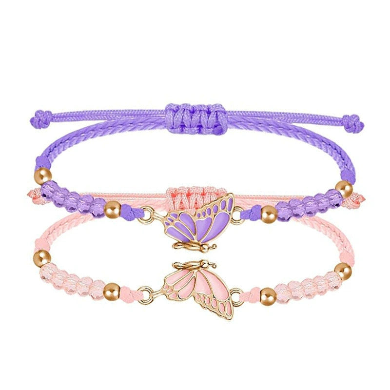 Set Braccialetto Farfalla Cartone Animato per Bambini in Lega Color Oro con Perline a Rombo Sfaccettate e Design Intrecciato a Mano