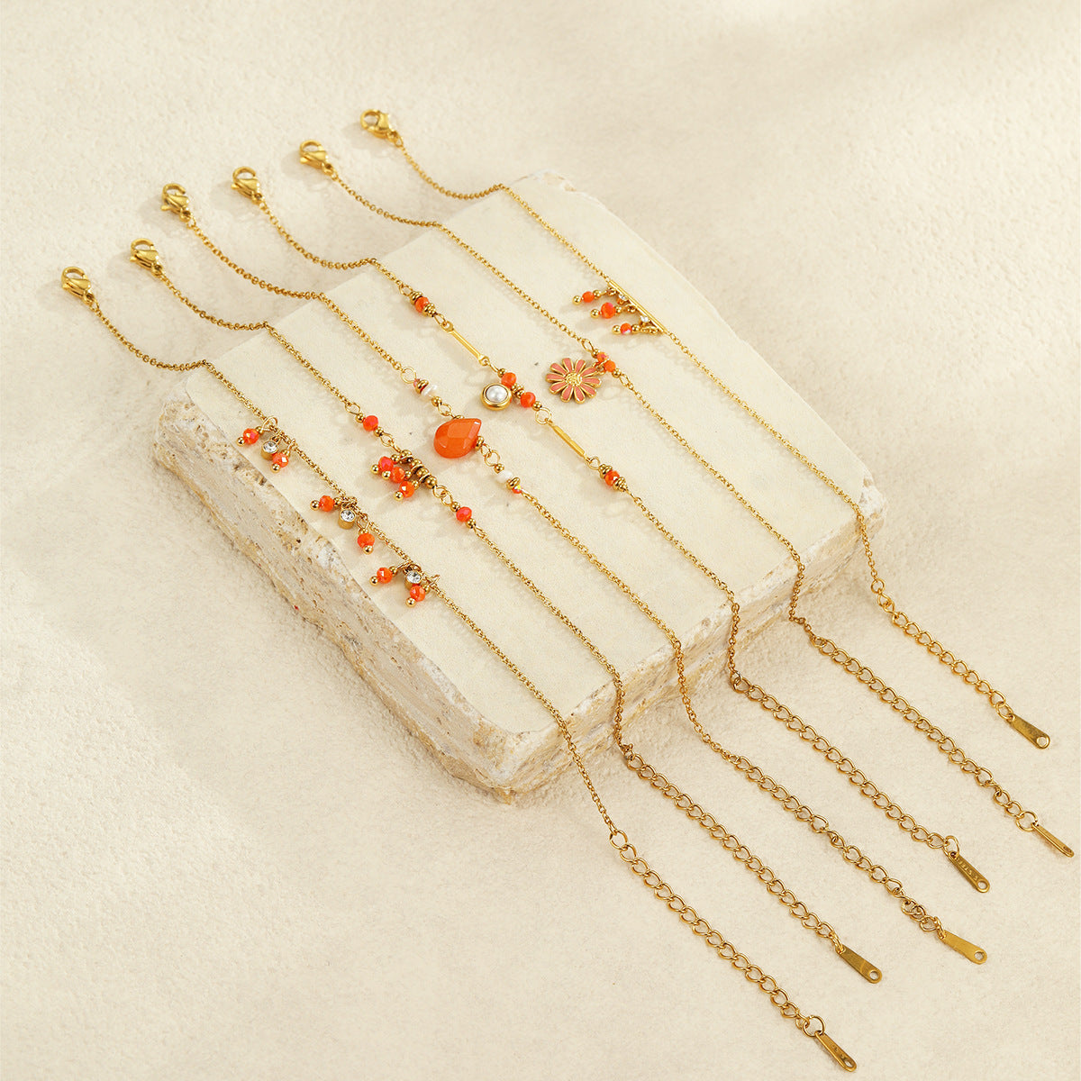Minimalist Geometric Stainless Steel Bracelet with 18K Gold Plating for Women, Stackable Beaded Chain Jewelry