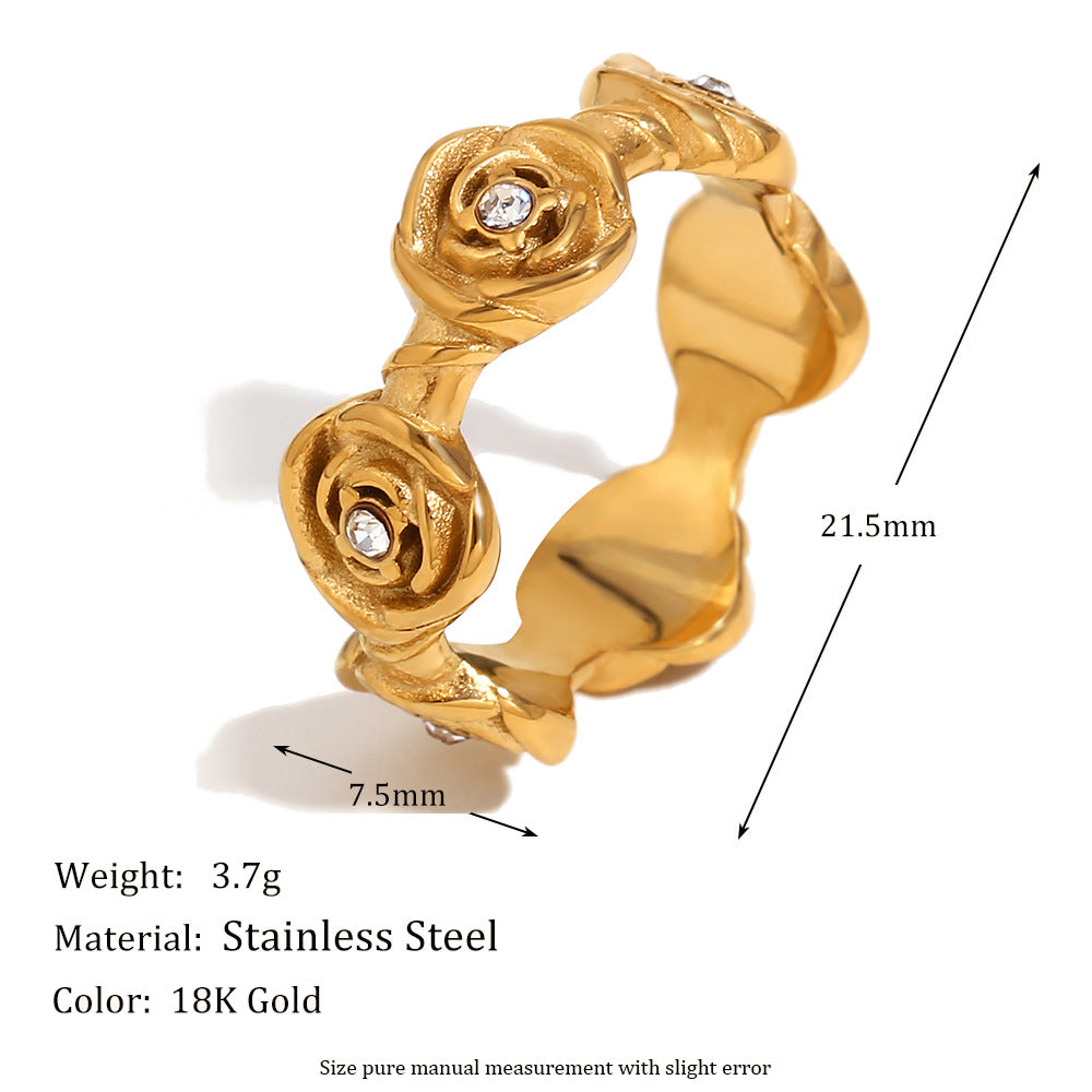 Vintage Fashion Geometric Rose Stainless Steel 18K Gold Plated Ring for Women