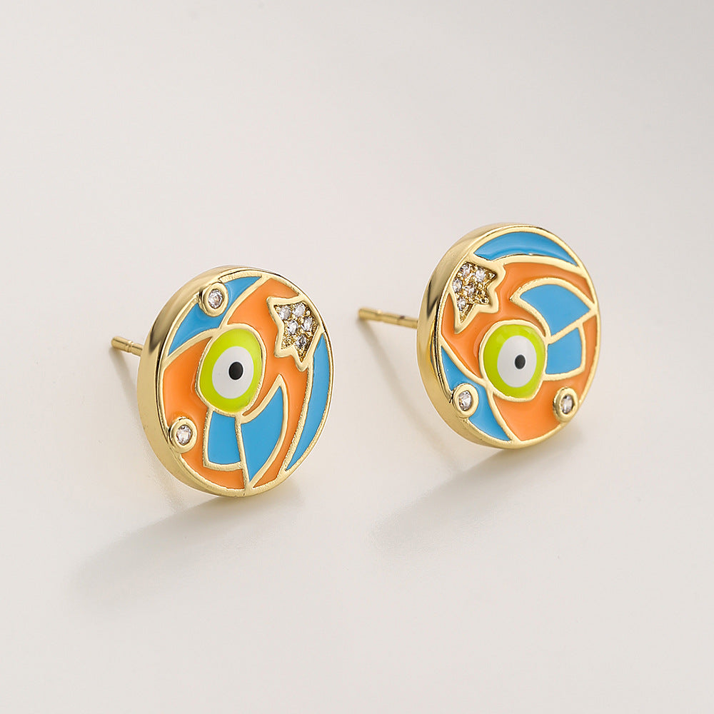 Minimalist Round Geometric Copper Earrings with Gold Plating and Enamel Finish for Women
