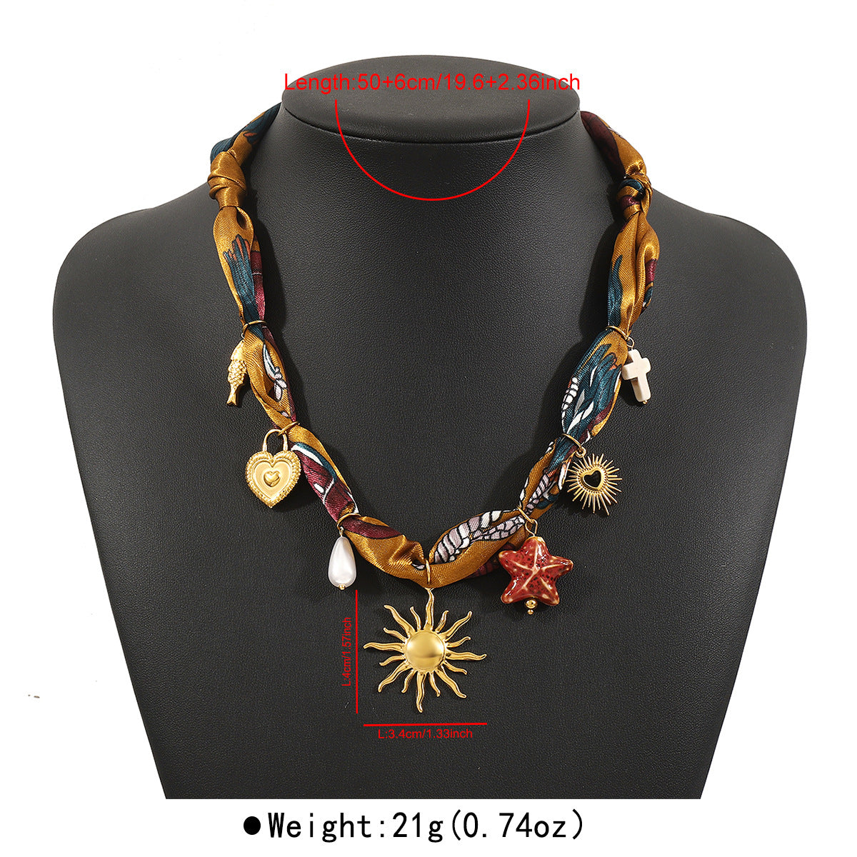 Vacation Style Heart Star Sun Multi-Pendant Necklace in Stainless Steel with Silk Scarf Accent and 14K Gold Plating for Women