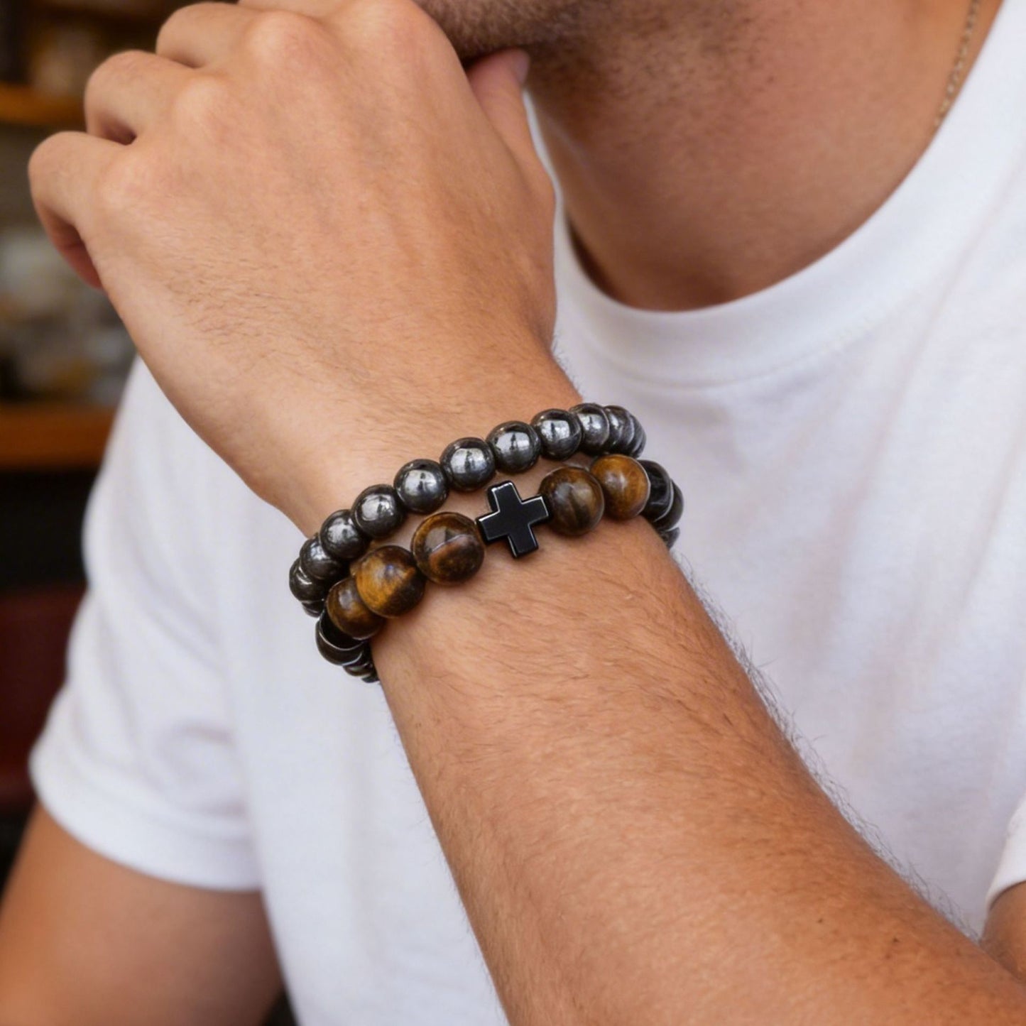 Minimalist Blue Dot Blue Tiger Eye Round Beaded Stretch Bracelet Set with Cubic Zirconia