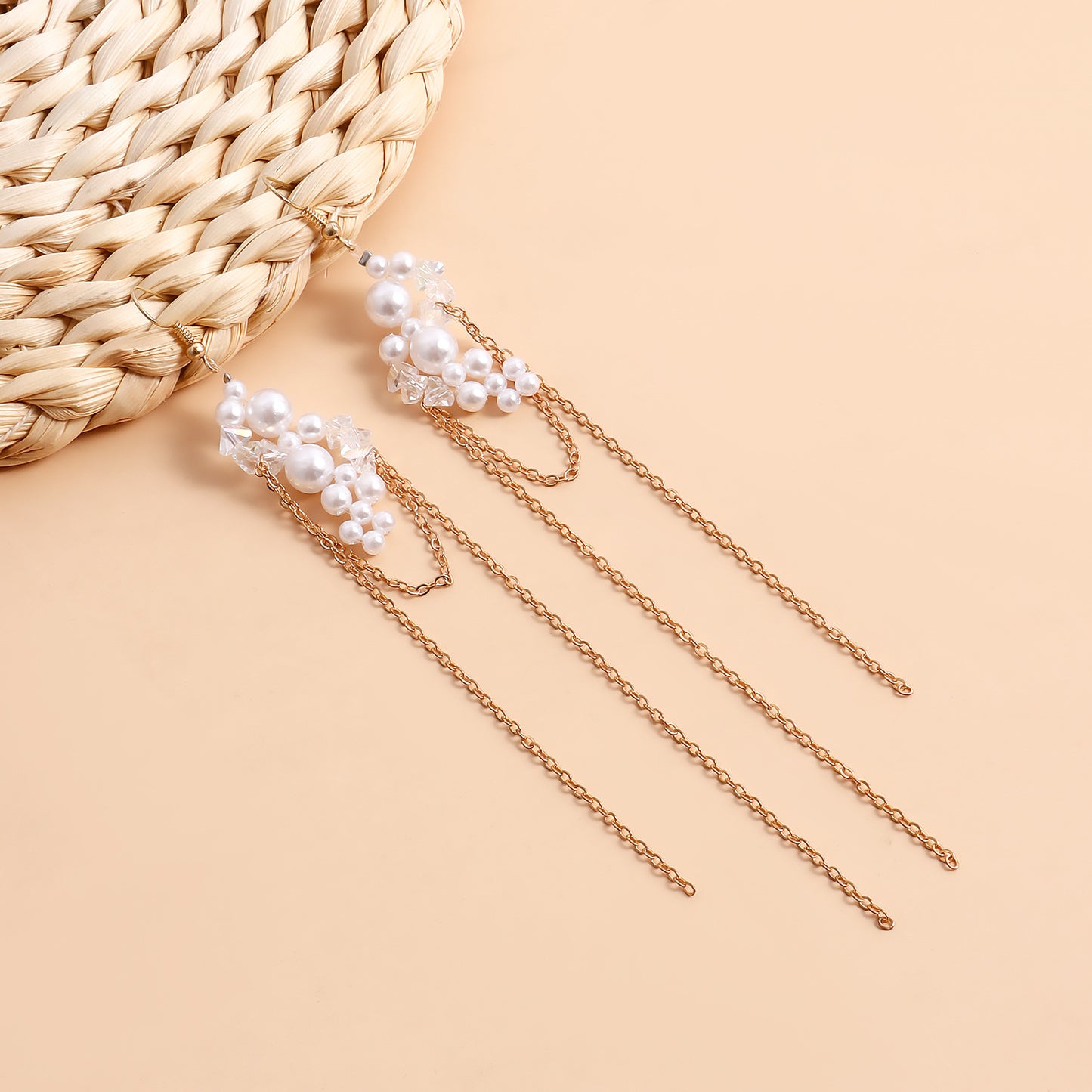 Minimalist Geometric Moon-Shaped Alloy Earrings for Women with Plated Finish and Pearl-Like Tassel Detail