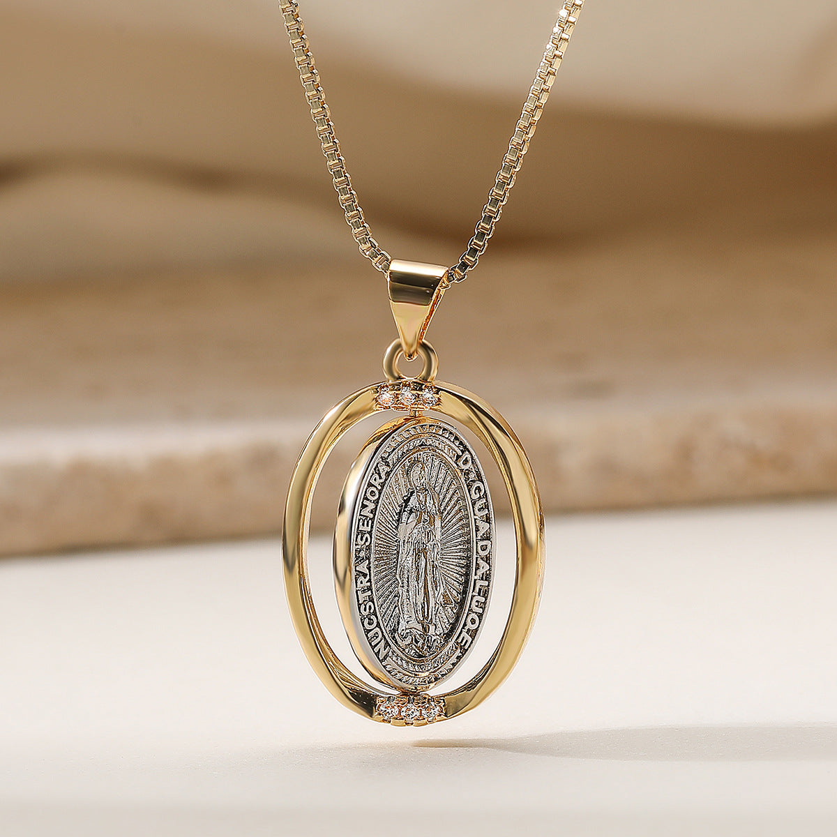 Vintage Minimalist Geometric Brass Gold Plated Cubic Zirconia Virgin Mary Pendant Necklace