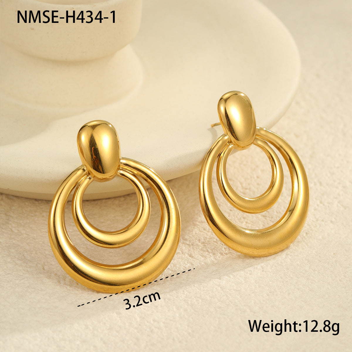 Vintage-Inspired Stainless Steel Gold-Plated Double-Layer Hollow Circular Geometric Earrings for Women
