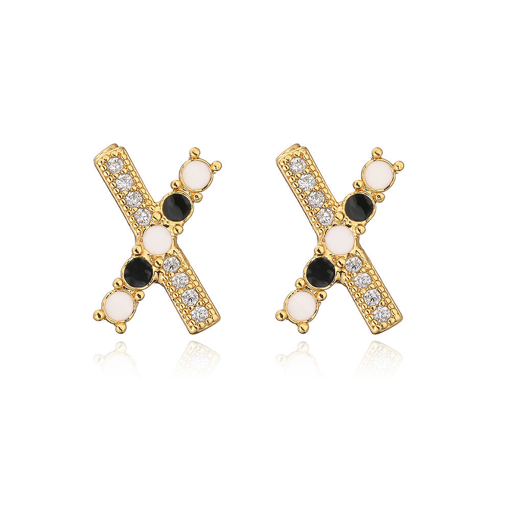 Minimalist Geometric Copper Earrings with 18K Gold Plating and Enamel Finish, Zircon Inlay, Women's Elegant Stud Earrings